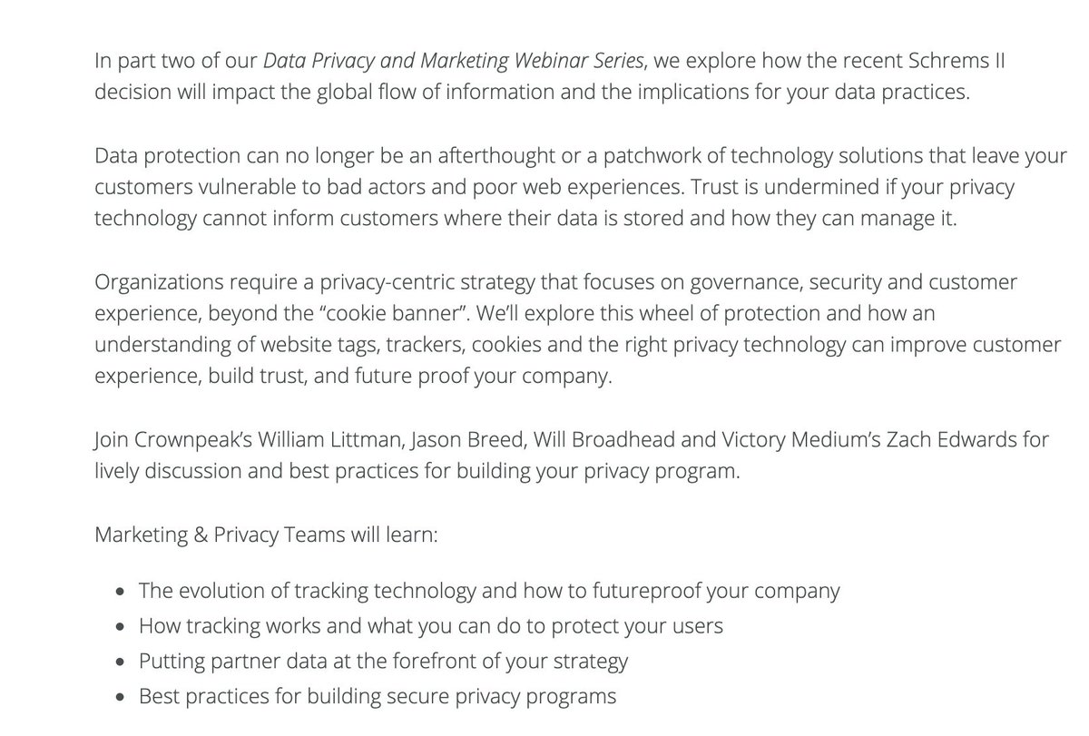 There will be a 2nd Crownpeak webinar I'm hosting w/ them, which will still be very much about auditing in the Post-Schrems II world -- you can RSVP for that one @  https://www.crownpeak.com/resources/webcasts/data-privacy-marketing-series-the-tipping-point-for-global-regulation-riskI'll be talking about piggybacking Risk + getting into more details on geo data audits