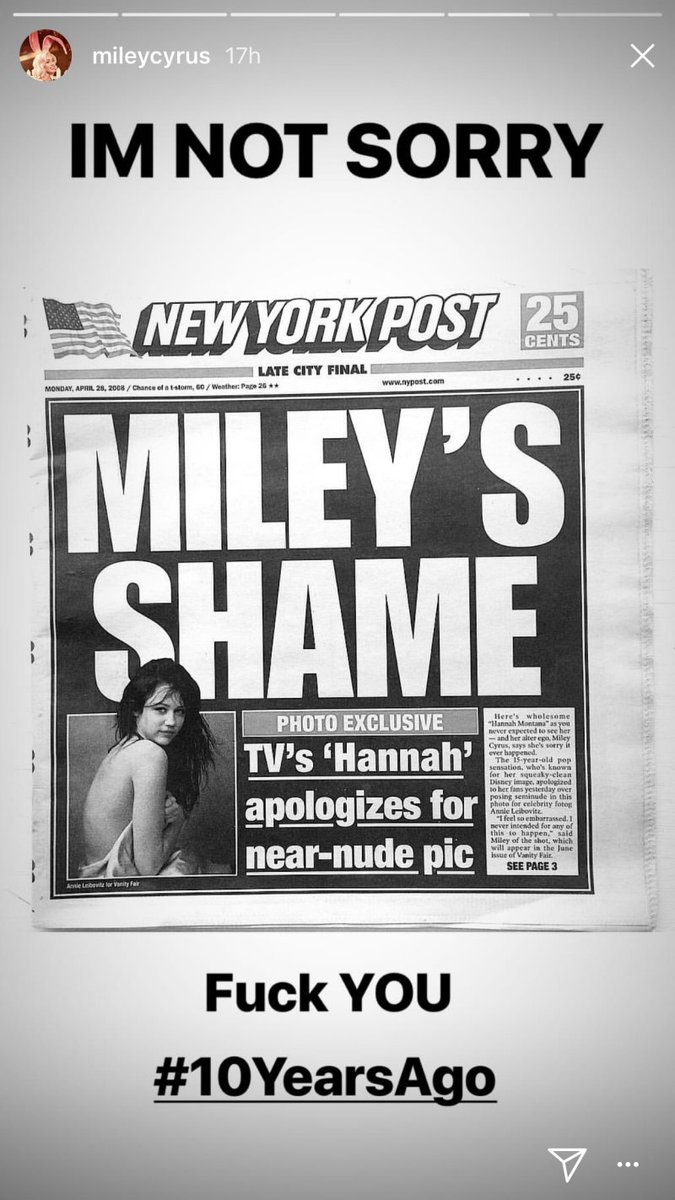 seguimos en 2008, miley hizo un photoshoot con vanity fair y los medios empezaron a acosarla y avergonzarla, 10 años después miley admitió que disney la obligó a disculparse y que las fotos eran artísticas, el problema era de los adultos que la sexualizaban con 15 años