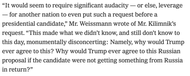 In some ways Weissmann's book is written more clearly than Mueller report. It builds up to the climax of learning that Manafort gave Kilimnik (a Russian intel agent, per SSCI) campaign strategy/polling & Kilimnik seeking a wink from Trump that Russia could take eastern Ukraine./2