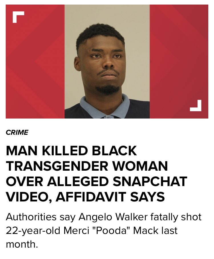 Merci Mack was killed over an apparent revenge porn blackmail scheme. Angelo Walker killed her after she threatened to post a video of them. This is the 3rd case that falls under transphobia. 17/