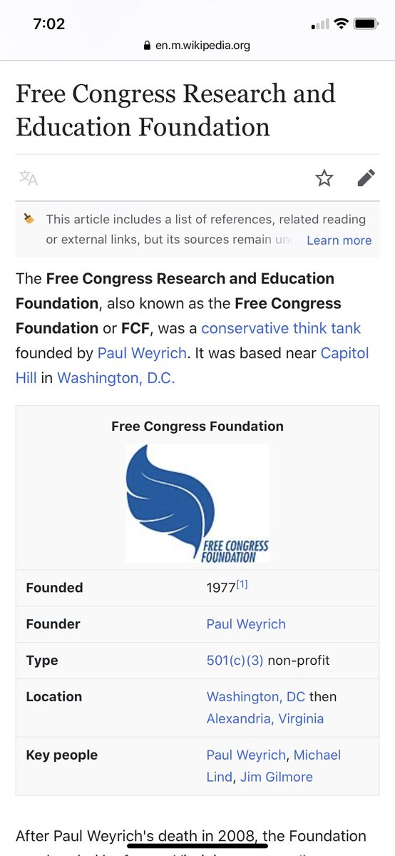 FCF = Free Congress Foundation, which was founded by Paul Weyrich, who was considered my many to have been a father of the modern conservative movement. 2/  https://en.wikipedia.org/wiki/Free_Congress_Research_and_Education_Foundation