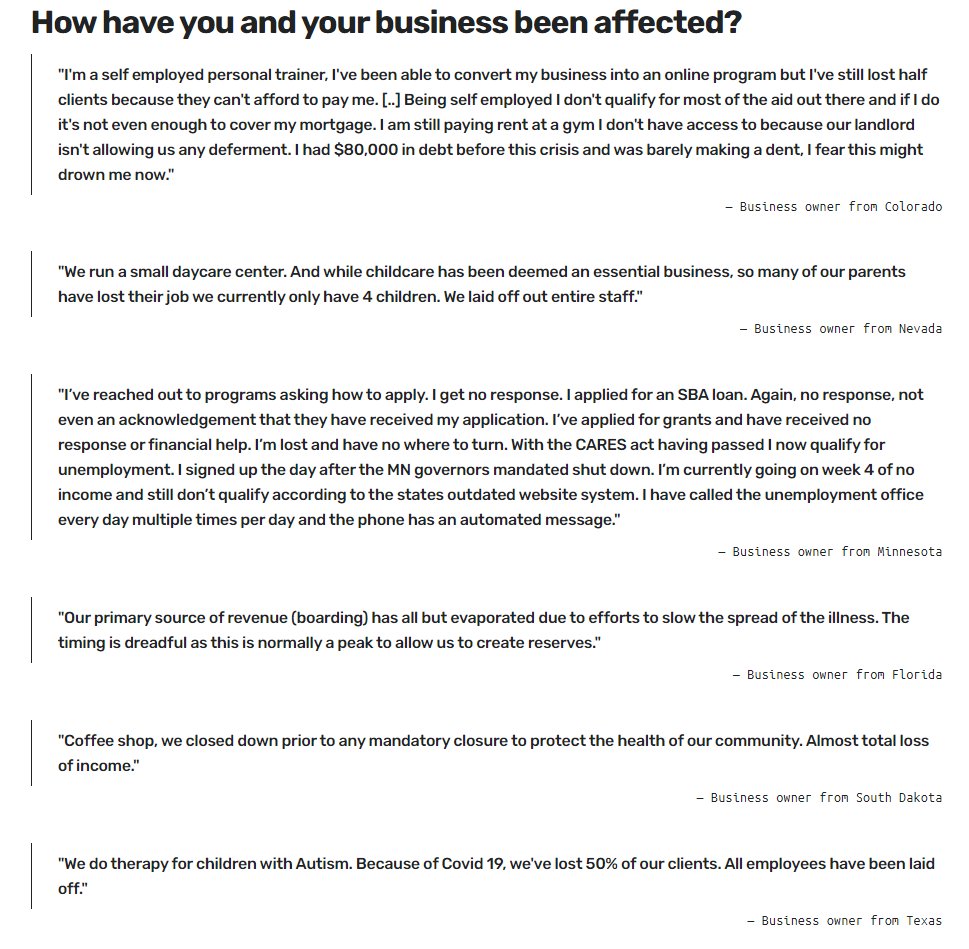 Let me emphasize that reading and interacting with small biz owners made our team realize how hard they were being hit. This was a devastating blow to many we talked to. We have many of these testimonies posted on the project website  https://covid19sbs.org/sb-voices-usa  but I leave some here: