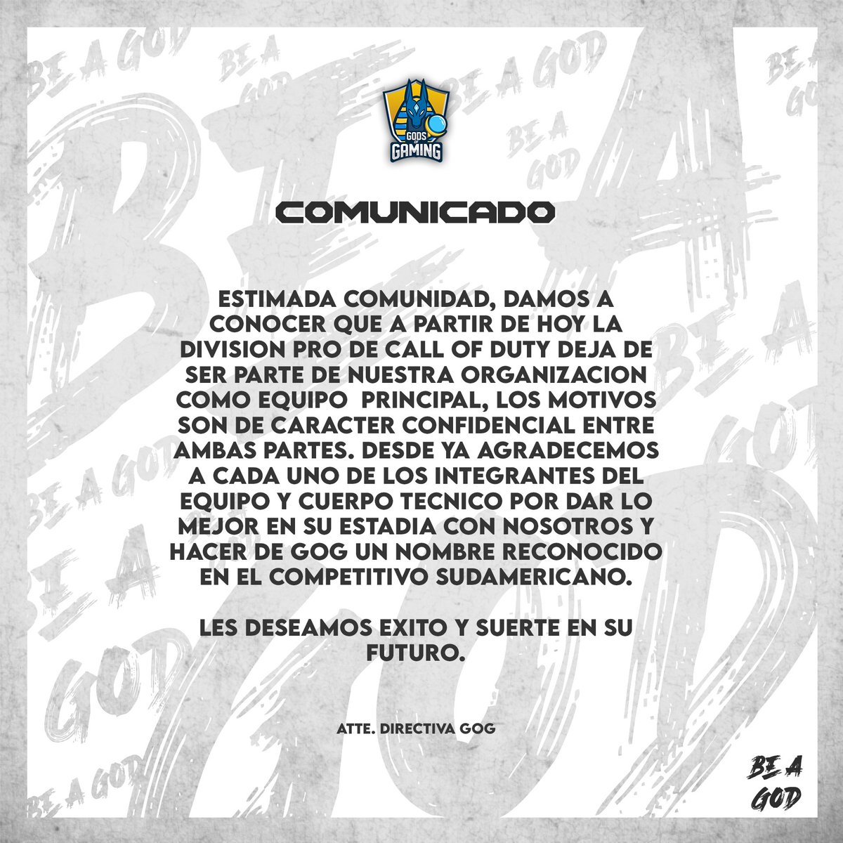 📢 COMUNICADO
Cómo es del conocimiento de la comunidad, la división Pro de COD de nuestro equipo ya no pertenece a nuestra organización, todos los detalles son reservados entre ambas partes. Pronto daremos más información sobre el futuro y funcionamiento de nuestra división COD.