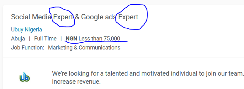 SaniNuma's tweet photo. There is something we do in Nigeria. Some of these funny companies use BIG NAMES FOR VACANCIES and Craft 3 pages of JD and they want to pay N30k. Who does that?
#FairWorkFairPay
#schoolsreopening
#Taaooma https://t.co/fNnVADwNhy