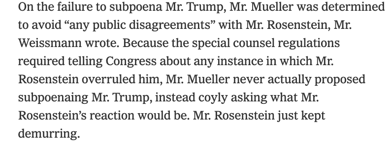 The special counsel rules called for telling Congress if Rosenstein overruled Mueller on any investigative step. Mueller was so determined to avoid any sign of disagreement between himself and DOJ that he never directly asked to subpoena Trump and time ran out. /10