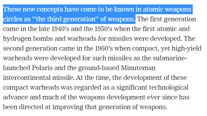 Reagan admin officials in 1982 cited examples of contemplated weapons:1) bombs to create large EMP to knock out enemy communications systems2) nuke-powered X-ray lasers to destroy enemy missiles3) DEWs tailored to destroy target w/few side effects34/ https://www.nytimes.com/1982/10/29/us/new-generation-of-nuclear-arms-with-controlled-effects-foreseen.html