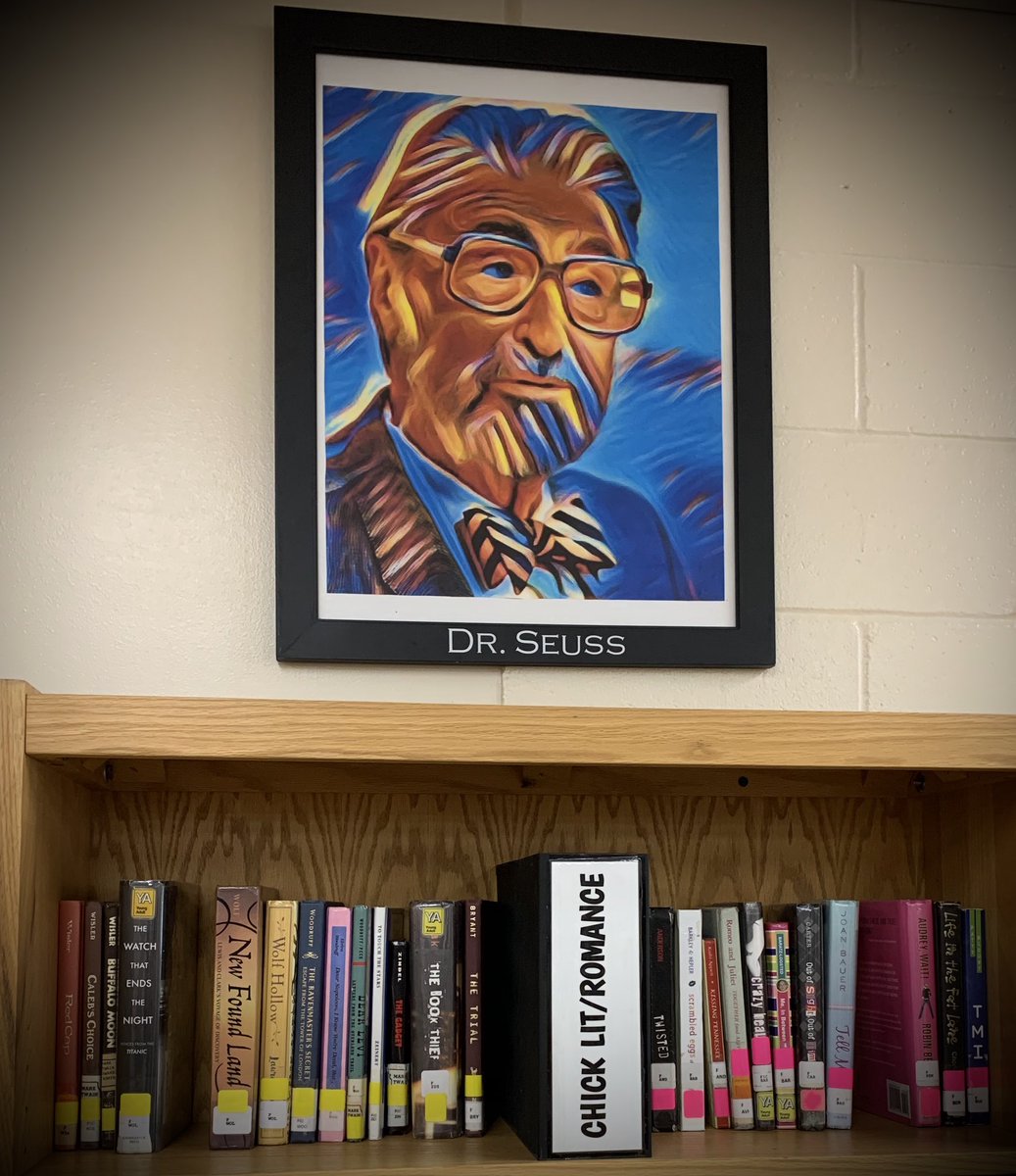 OFMSLMC's tweet image. Who needs to spend money on engraving when you can make the lettering with some silver vinyl and your new Cricut machine???!!! 🤗 Now maybe the students will stop asking me if the portrait of Dr. Seuss is Colonel Sanders from KFC! 🤣🤦🏼‍♀️ #OFarmPride