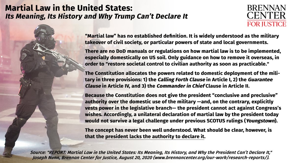 “Martial Law” has no est. definition. DoD has no manuals on how implement it, esp. on US soil. The Constitution allocates powers to deploy #USMilitary in 3 provisions:
-Calling Forth Clause (Article I),
-Guarantee Clause (Art. IV),
-CINC Clause (Art. II).
#TrumpCoup #MartialLaw