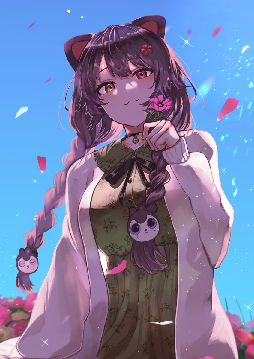 inui toko 1girl flower braid solo animal ears holding flower long hair  illustration images