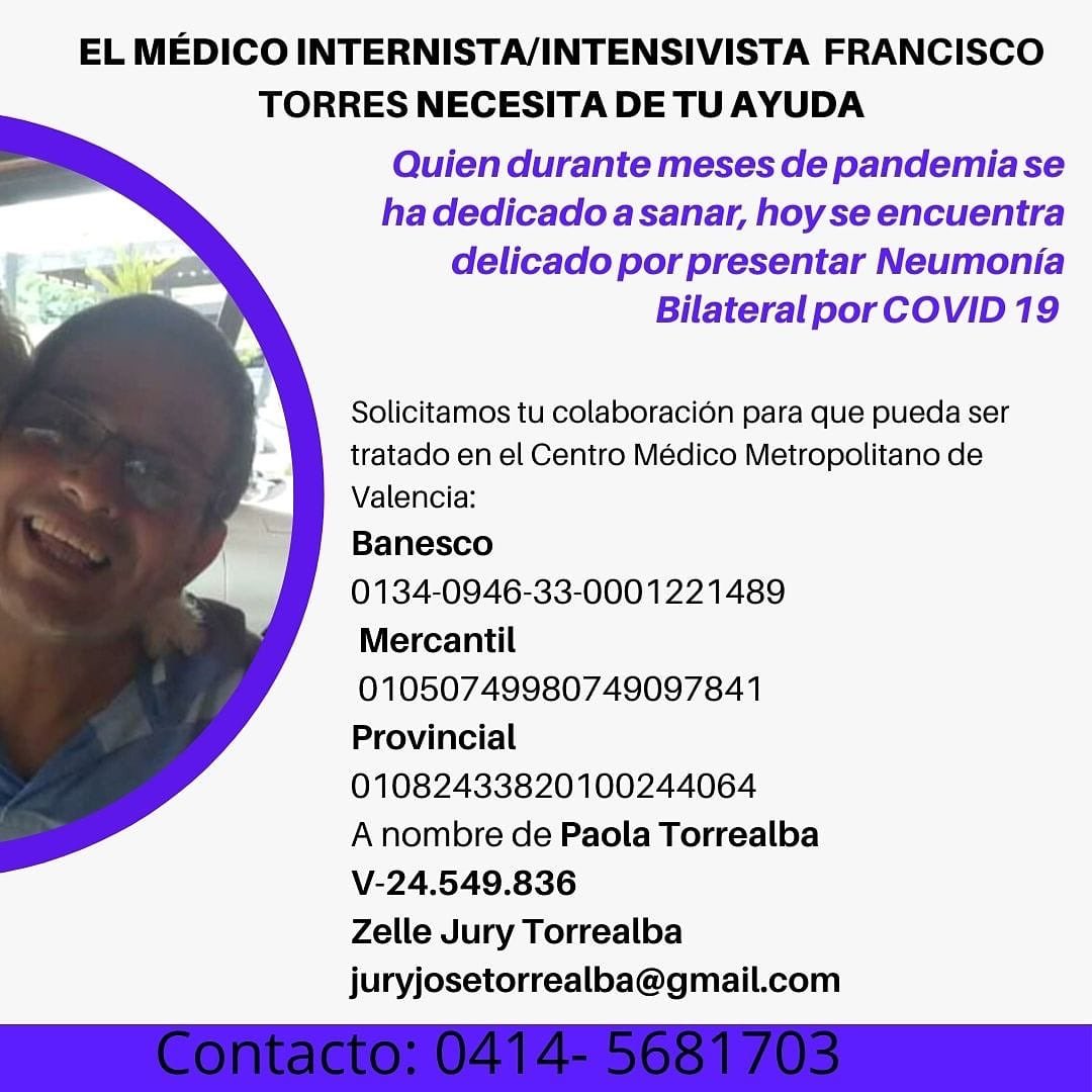 LuisOlavarrieta's tweet photo. Urgente, ayudemos al doctor Francisco Torres a combatir el Covid-19 https://t.co/y7Kvx6v91T