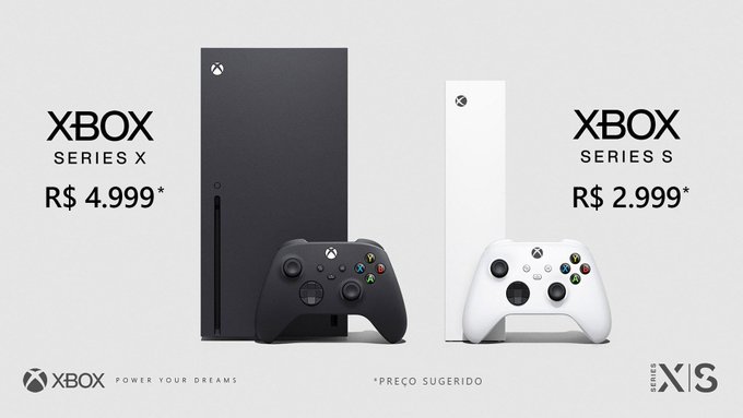 Imagem com consoles Xbox Series X e texto "R$ 4.999" e imagem do console Xbox Series S com o texto "R$ 2.999" Preços sugeridos.