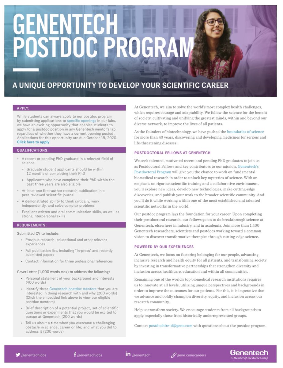 Interested in an industry postdoc?  @genentech started an annual application process for the Postdoc Program alongside the regular hiring process! A great thing about the postdoc program is that you join an active community of ~120 postdocs!  http://bit.ly/GenentechPostdoc2020