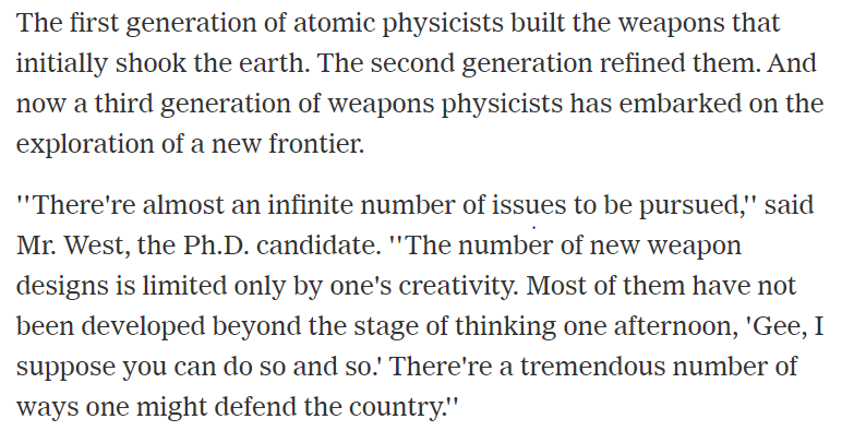 Although RRRs were forgotten, 1980s MSM was filled with stories of a "new generation" of young nuclear scientists - for whom the "neutron bomb" was only a "crude forerunner" - inventing all kinds of 3rd-generation nuclear devices 32/ https://www.nytimes.com/1984/01/31/science/the-young-physicists-atoms-and-patriotism-amid-the-coke-bottles.html