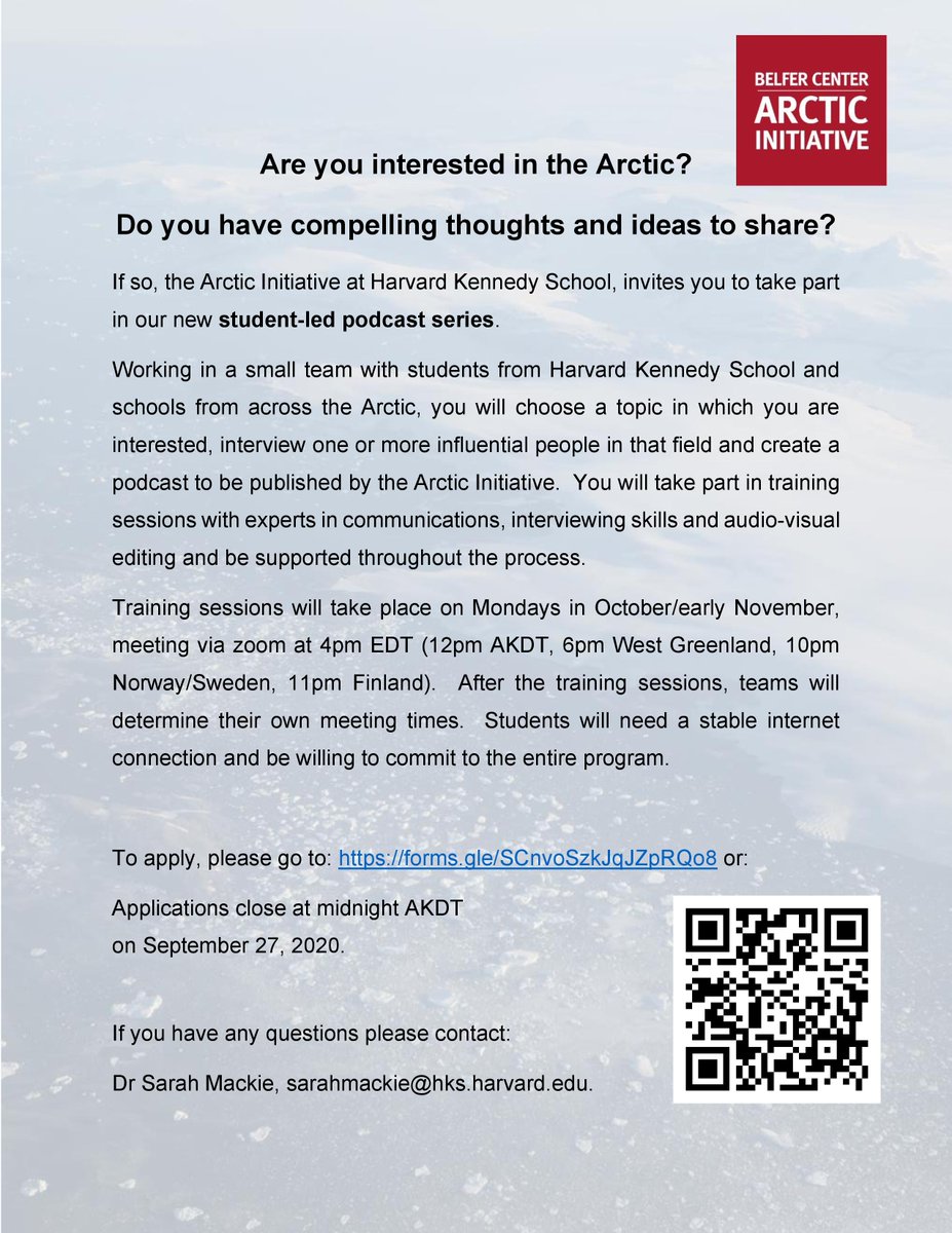 Students of <a href="/Kennedy_School/">Harvard Kennedy School</a> who are interested in the Arctic - the Arctic Initiative <a href="/HKSArctic/">Arctic Initiative</a> invites you to apply to our student led podcast program. Applications are open for another week. forms.gle/SCnvoSzkJqJZpR… <a href="/BelferENRP/">Environment & Natural Resources Program</a>