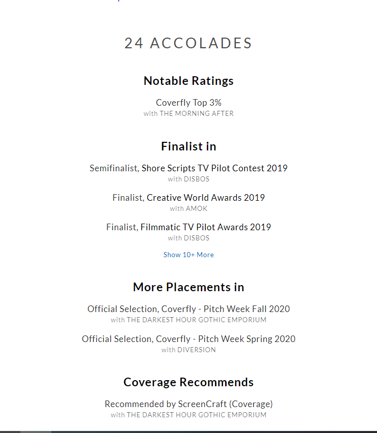 Got my <a href="/Coverfly/">Coverfly</a> pitch happening in just over an hour with someone from CAA. Discovered I have an accolades list in Coverfly that looks pretty fly! DM me if you wanna read something :) #Coverflypitchweek #screenwriter