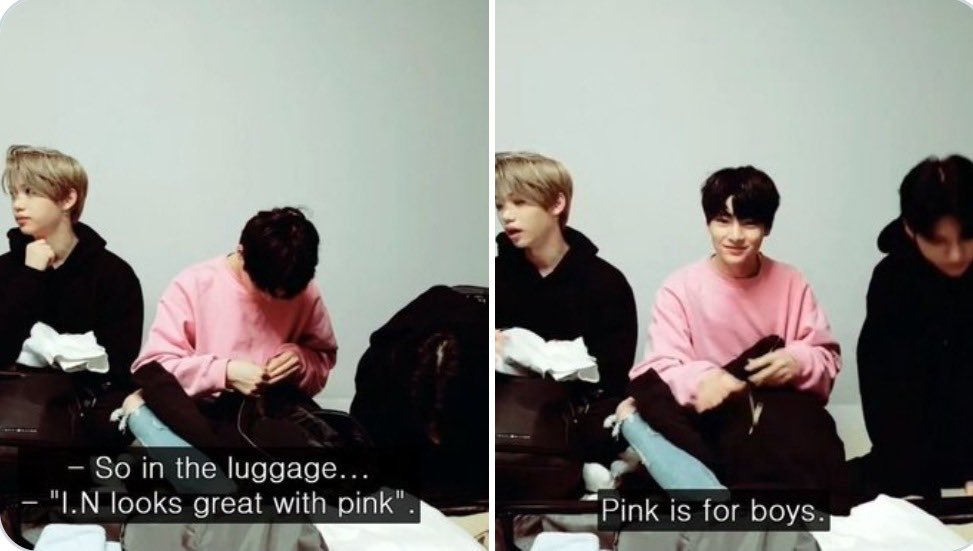 Jeongin saying “pink is for boys” and Skz saying that real men wear pink (side note, pink is Jeongin’s favorite color) and istg pink must be nearly half his closet he wears it so much, he also had pink hair.