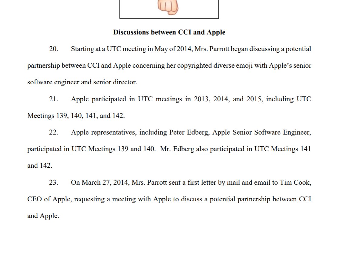 Now we get to allegations of discussions between CCI and Apple. The first thing that strikes me here is the degree of overlap with the Unicode meetings. The second is that there doesn't seem to be anything close to an agreement alleged.