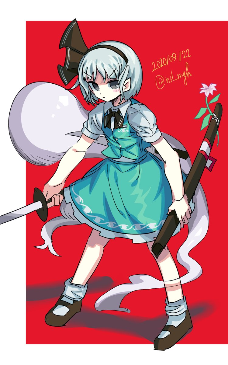 konpaku youmu ,konpaku youmu (ghost) 1girl weapon sword skirt solo short hair green vest  illustration images