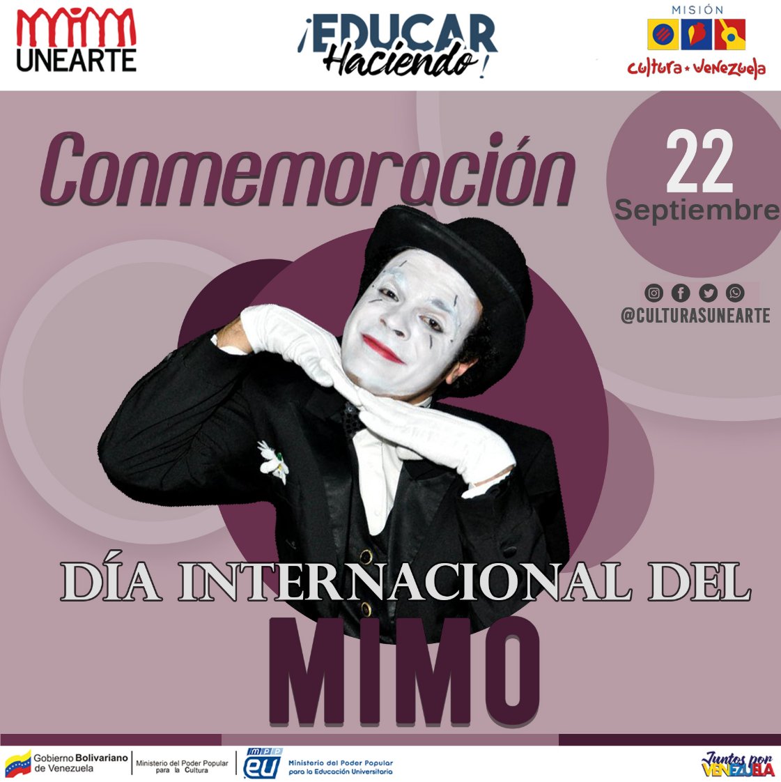 La iniciativa de celebrar el Día Internacional del Mimo surgió del actor y mimo francés Jean Bernard Laclotte, quien propuso festejar este arte cada 22 de septiembre en conmemoración a la muerte de Marcel Marceau.#UNEARTE #DIRECCIONDECULTURA