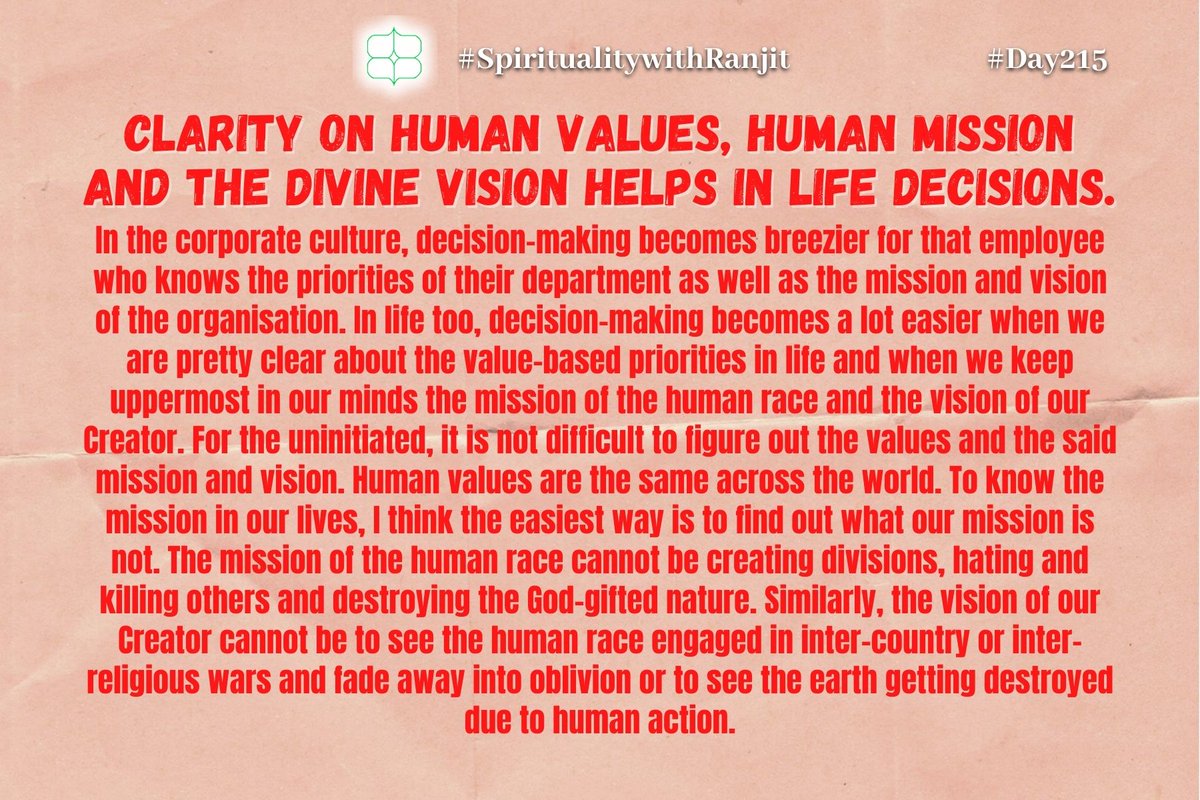spiritualitywr's tweet photo. Have you ever struggled to make life-changing decisions? What were your considerations thenn?
#Day215 #Tweet215 #Post215 #TuesdayMotivation #DecisionMaking #HumanValues #HumanMission #DivineVision
#SpiritualitywithRanjit
@spiritualitywr @ranjitksharma https://t.co/aRPgn5eaMJ