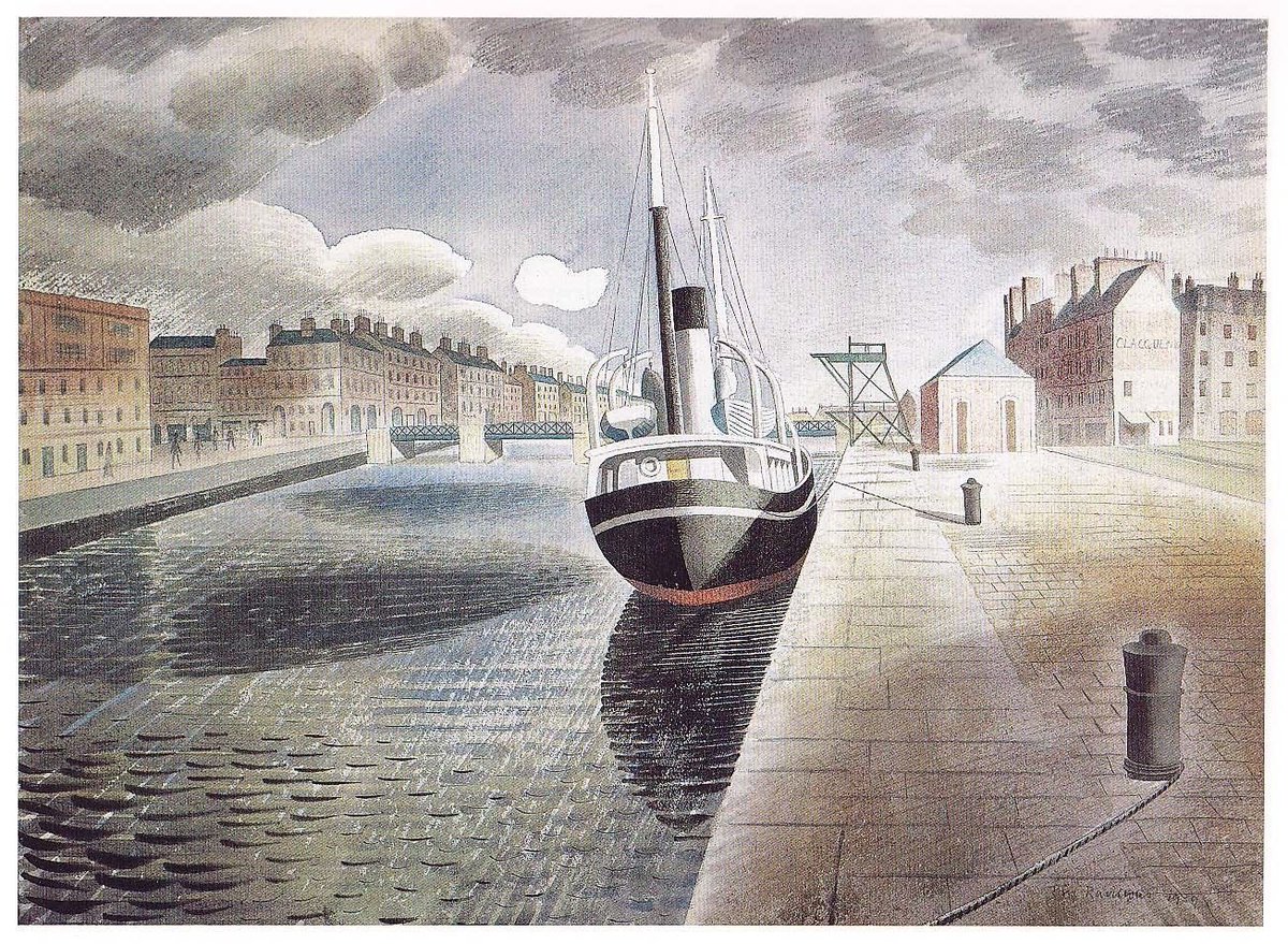 Ravilious1942's tweet image. Pilot Boat at Le Havre, Eric Ravilious, 1939. The original artwork is in a private collection. #France #Havre
