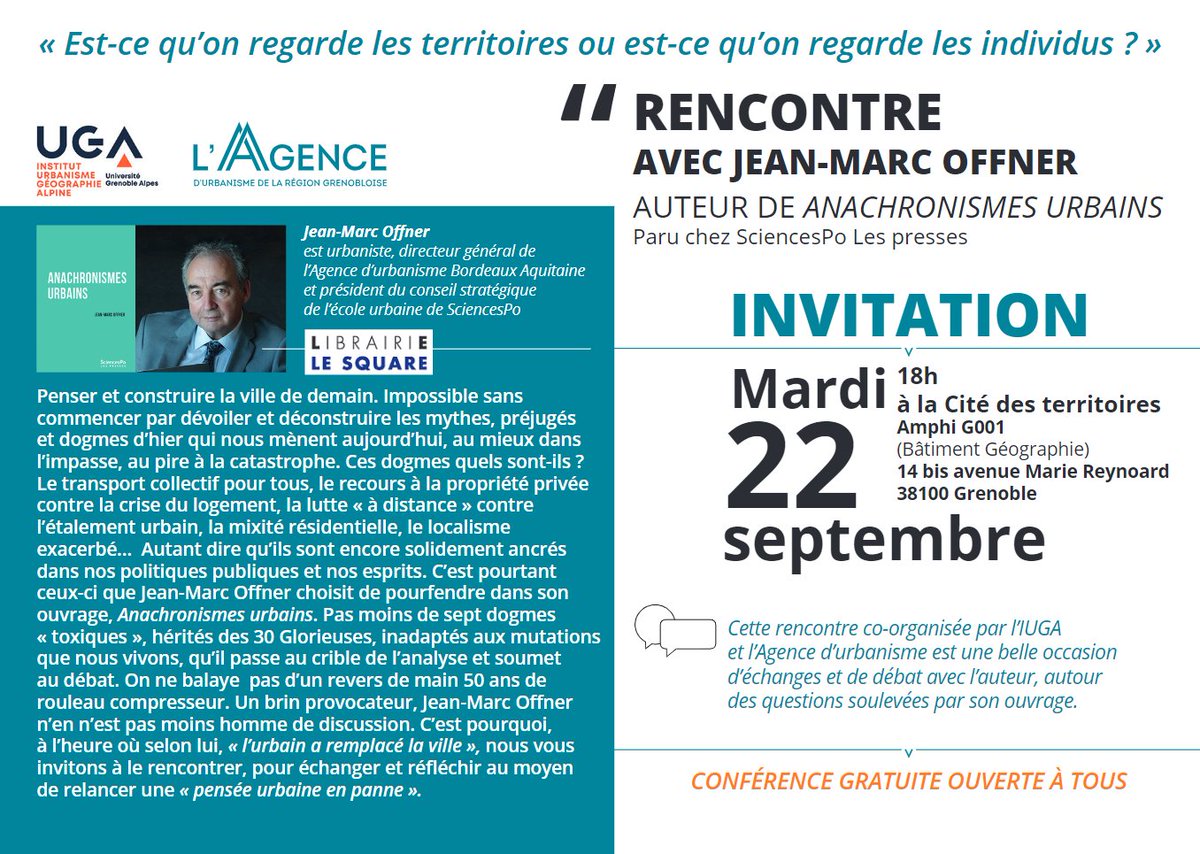 aurba_33's tweet photo. [C'est ce soir !] Jean-Marc Offner présente son livre "Anachronismes urbains" à la Cité des territoires à Grenoble #urbanisme #offner #penséeurbaine #anachronismesurbains @AgenceUrbaGre @EditionsScpo @UGrenobleAlpes https://t.co/N2XWO5di5t
