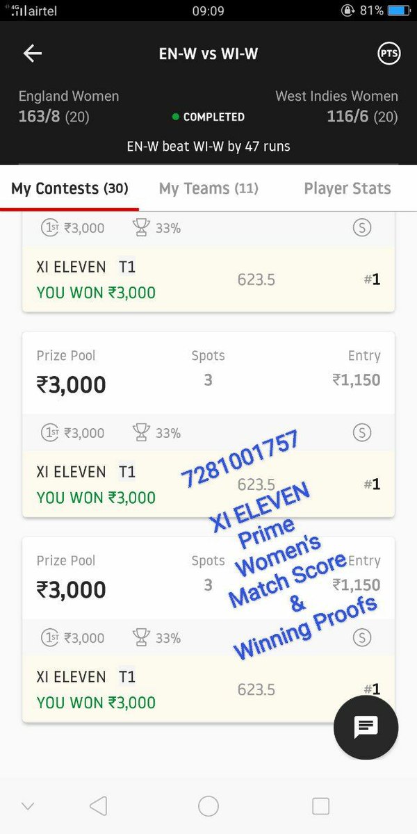 CricketOffice's tweet photo. We got 623.5 Points in this match. 🏏 Our C &amp; Vc Both worked properly in this match. 💪Our punt player =S. Selman, beauty in this match.🔥Easily winning in 3, &amp; 6 members contests. 🏏XI ELEVEN FAMILY is on fire in Women's match 🔥msg me for Prime Teams here on Telegram 7281001757 https://t.co/lbZg2sf8WL