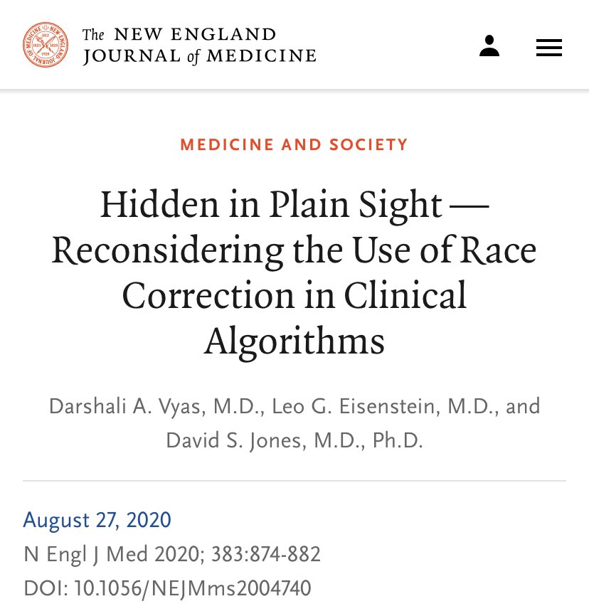 When we use race as a marker of ancestry in our diagnostic & treatment algorithms, we may be further entrenching health inequalities, causing more harm  https://www.nejm.org/doi/full/10.1056/NEJMms2004740