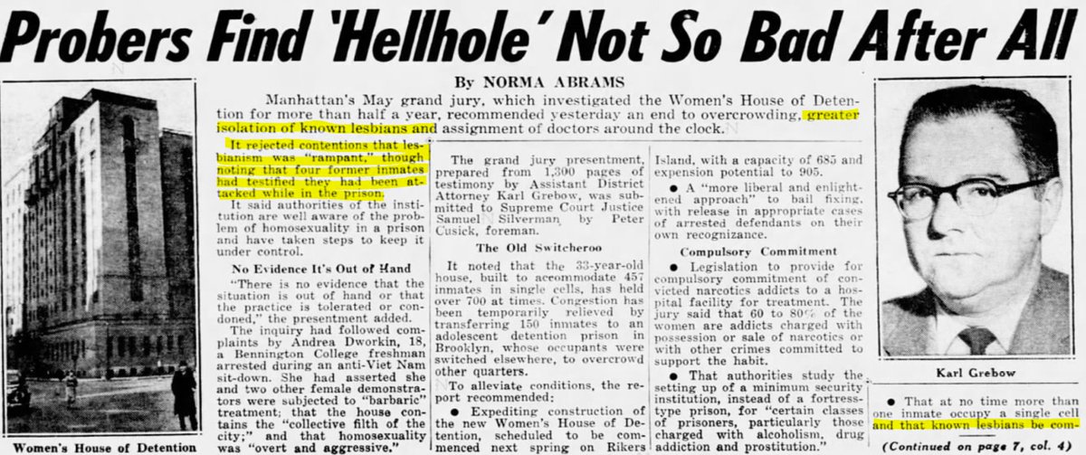 "known lesbians be completely isolated from the others"The Daily News (New York, NY) 1965-12-07Grand jury investigation into the Women's House of Detention