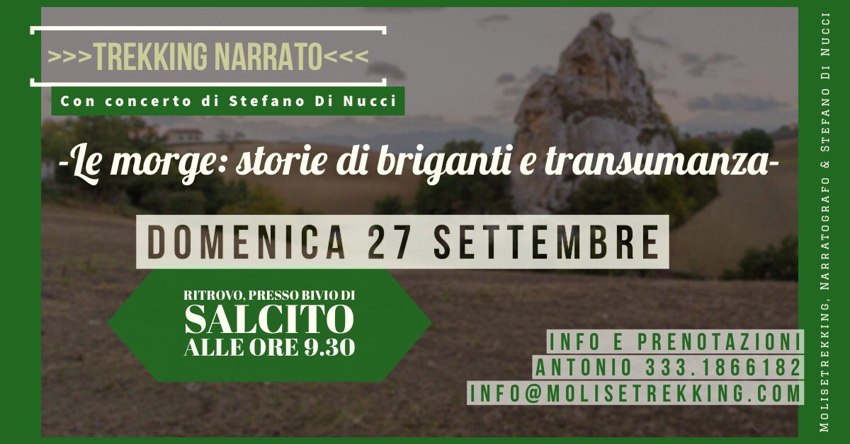 Domenica 27 settembre torna il trekking narrato di <a href="/Molisetrekking/">Molisetrekking.com</a> e <a href="/narratografo_/">Narratografo</a> .
Cammineremo ascoltando storie di briganti e di transumanza, conoscendo alcune testimonianze di archeologia rupestre e ascoltando le meravigliose canzoni di Stefano Di Nucci.
Ti aspettiamo!