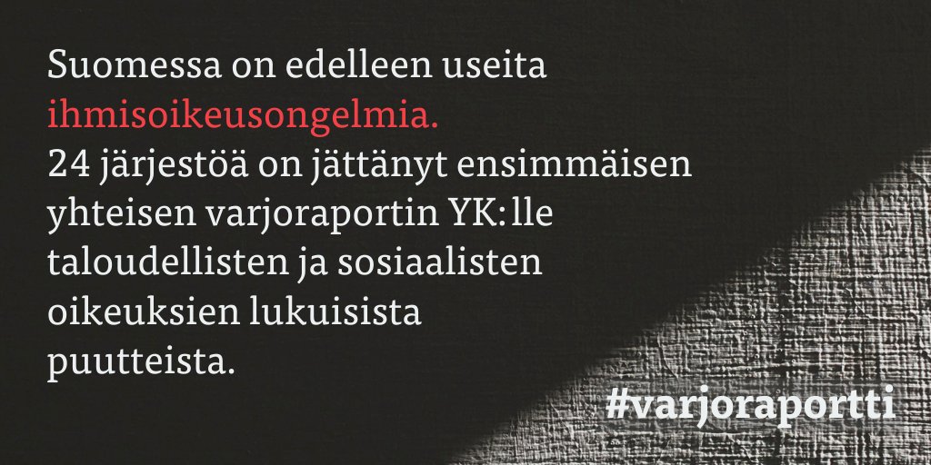 Suomen valtiolla on vastuu toteuttaa ihmisoikeusvelvoitteensa. Järjestöjen raportti kuitenkin osoittaa, että pitkään jatkuneita ihmisoikeusongelmia ei ole korjattu ja taloudelliset ja sosiaaliset oikeudet eivät aina toteudu: ihmisoikeusliitto.fi/wp-content/upl… #varjoraportti #ihmisoikeudet