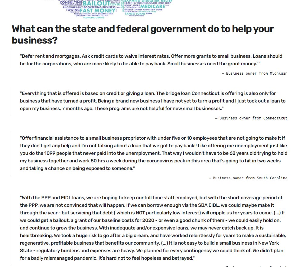 What do small biz want out of the government? These answers showed a lot of gaps between what was offered, what was needed, and what was understood about what was already there. Again have many of these testimonies posted on the project website  https://covid19sbs.org/sb-voices-usa 