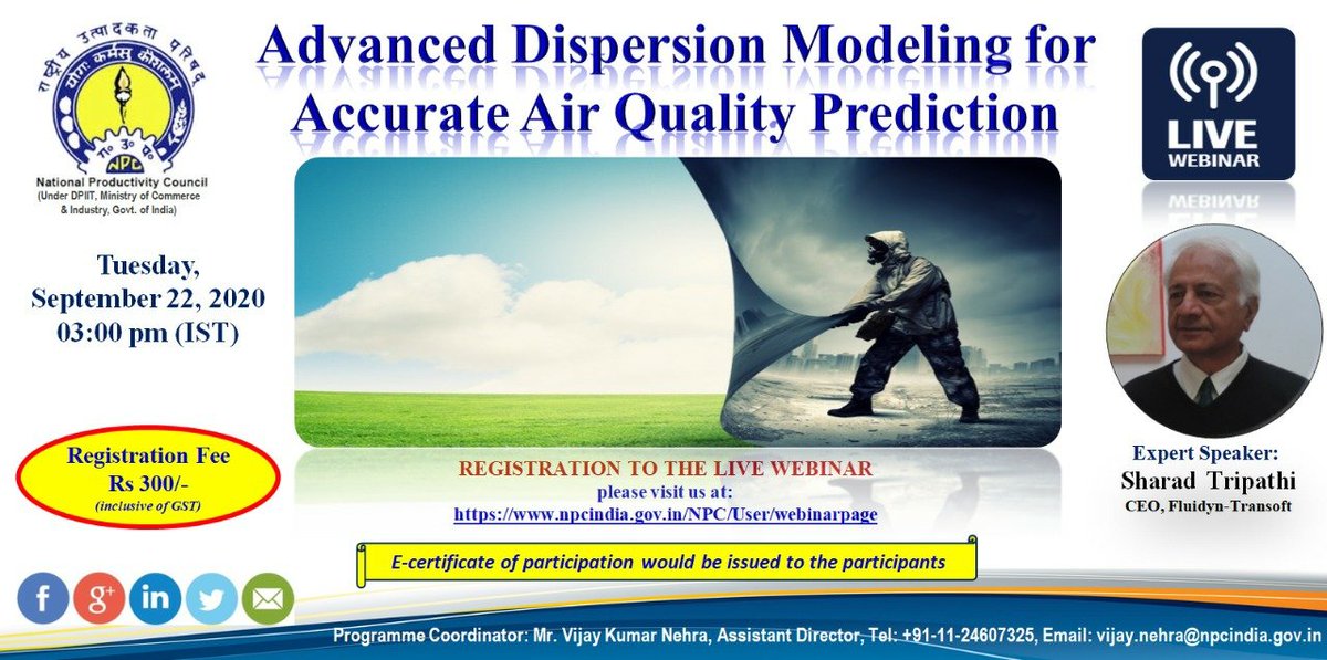 #webinar on 
Advanced dispersion modeling for accurate #AirQuality prediction, today
at 3 pm. 

#RegisterNow: bit.ly/3gOlaN7

@DIPPGOI
@moefcc
@MoJSDoWRRDGR
@MoHUA_India
@minmsme
@NITIAayog
@SteelMinIndia
@fertmin_india
@FollowCII 
@ficci_india 
@ASSOCHAM4India
#EIA2020