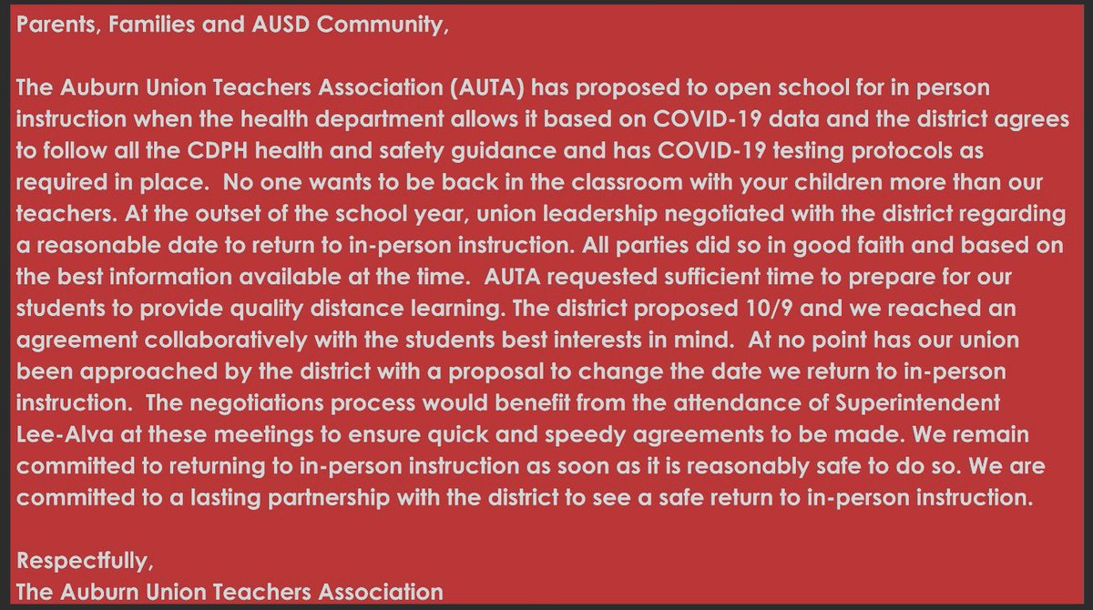 WeAreAuta's tweet photo. Parents, Families and AUSD Community,  Please read this statement from the Auburn Union Teachers Association. No one wants to be back in the classroom with your children more than our teachers. #weareauta #cta @wearecta https://t.co/jDJUXQ9QCn