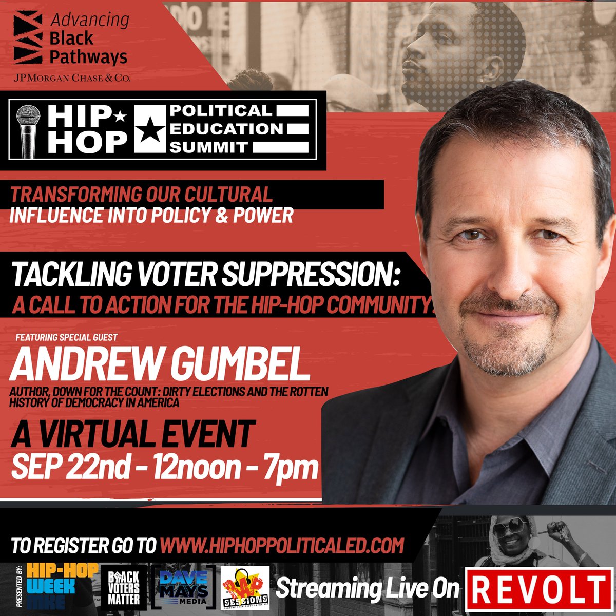 AndrewGumbel's tweet photo. The #HipHopEducationSummit, featuring yours truly, streams live tomorrow from noon-7pm ET! Register at https://t.co/CuWlfs3CzC @hiphoppoliticaled @davemaysmedia @rapsessions
#VoterSuppression #FightVoterSuppression #HipHopPoliticalEducation #BlackVotersMatter https://t.co/jdItPxS2it