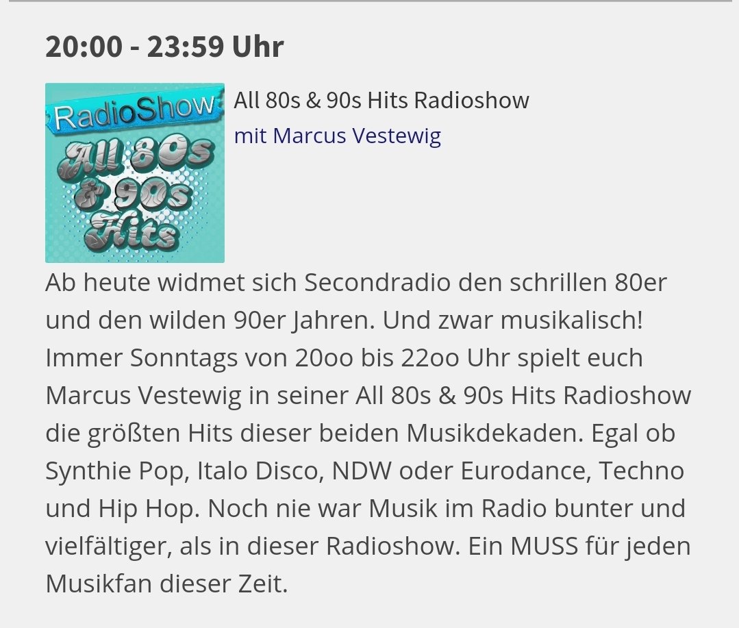 HobmodM's tweet photo. Ab dem 27.09.20 moderiere ich die All 80s &amp; 90s Hits Radioshow auf https://t.co/APkz9nAGVE 
Ich freue mich über jeden Zuhörer.
#secondradio #Radio #radiomoderator #moderieren #80smusic #90smusic https://t.co/IQNDtQ7loS