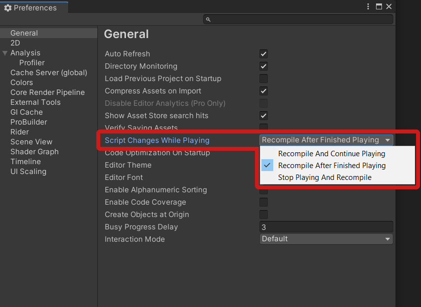 GameDevBill's tweet photo. #unitytips 

Tired of script changes breaking play mode?  Go to Edit->Preferences->General, and you can then set: 
"Script Changes While Playing" to "Recompile After Finished Playing"

Now code changes in play mode won't recompile until after exiting play mode! https://t.co/mtlXHq6Nnc