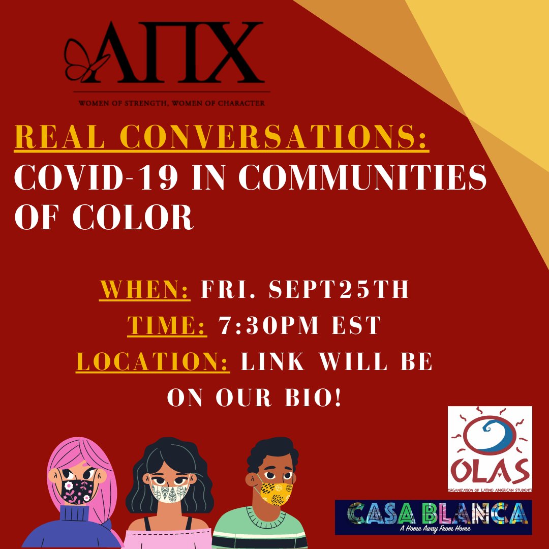 Theta_LPC's tweet image. Join the Mariposas, @gwolas &amp;amp; @gwcasablanca on September 25th for a Real Conversation on the impact of COVID-19 in our communities. We hope to see you all there!
•
•
•
#LambdaPiChi #WomenOfStrength #WomenOfCharacter #GWU24 #GWU23 #GWU22 #GWU21
