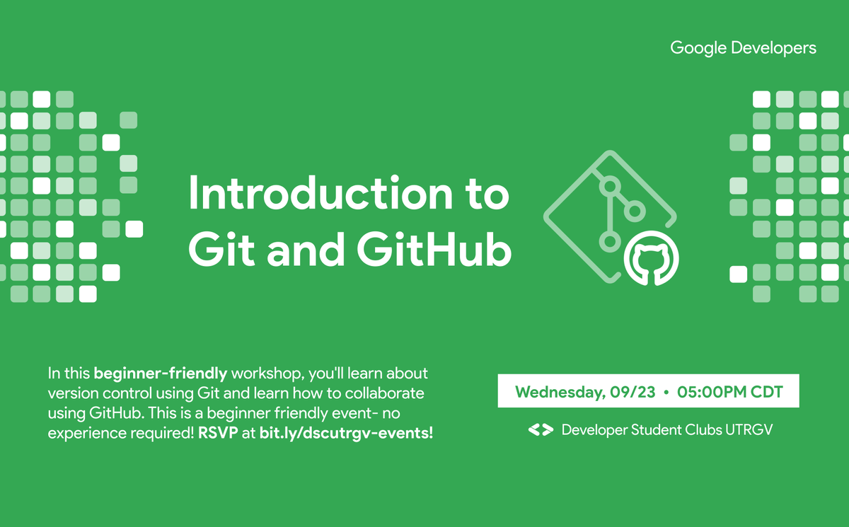 fronteradevsrgv's tweet photo. New to version control? Join us for our workshop Wednesday at 5PM CDT: Intro to Git and GitHub! 🐙🐱 You'll learn how to use repositories, branches, and pull requests in the GitHub workflow. ✨ FREE and open to all! 💖 RSVP here: https://t.co/W6lSyZHFbv

#CodeNewbies #GitHub #DSC https://t.co/WY7ri5zT9R