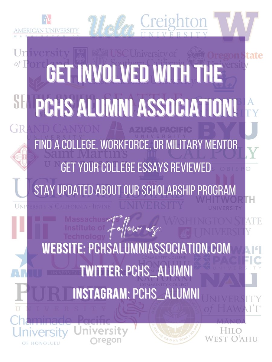 pchs_alumni's tweet photo. If you're new here, welcome to the official PCHS Alumni Association Twitter! 💜⚡️ Stay tuned for more updates on college resources throughout these next few weeks. Feel free to DM us if you have any questions :) https://t.co/8gmNxZmX9X