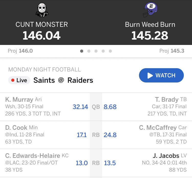 TerryFranconia's tweet photo. #FantasySlime for my squad Burn Weed Burn
Richard over Jacobs late ๐คฎ
Lost on a Will Lutz XP
Gronk got 0
Eagles D -1 (woulda won if played no defense lol) https://t.co/0sPAMfTk2J
