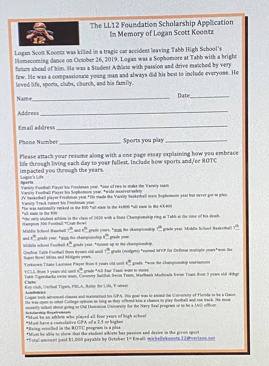 MichelleKoontz2's tweet photo. Apply for Logan’s scholarship by Oct 1st. https://t.co/8QpQvshgfd