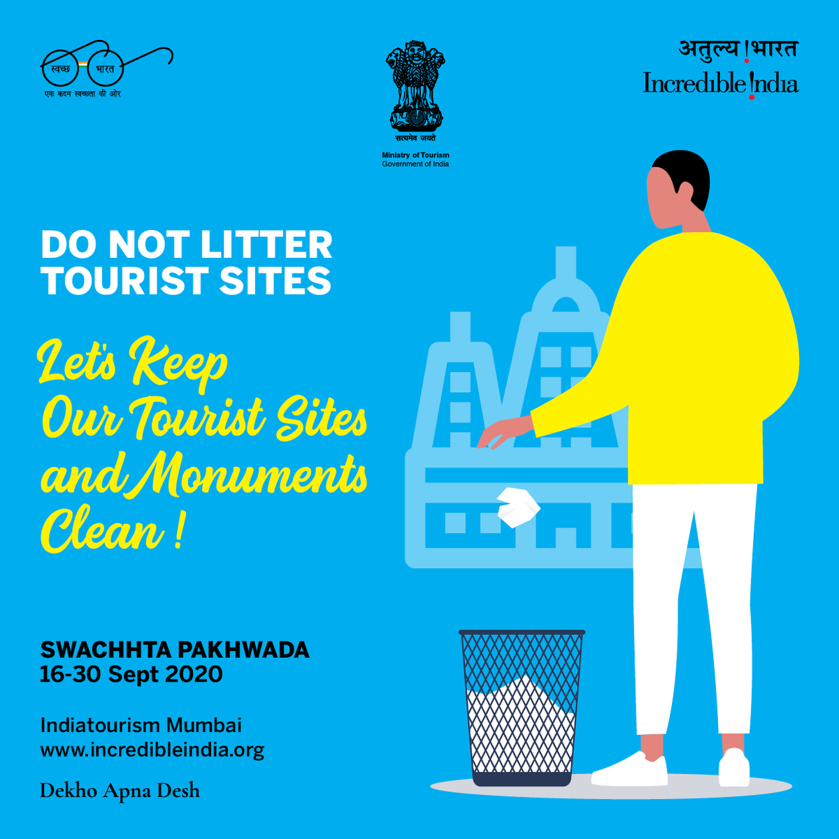IndiatourismM's tweet photo. Avoid littering at monuments and tourist sites. Please use the dustbins to #keepmonumentsclean. Spread awareness and join the #swacchtapakhwada and promote #cleantouristsites. #swacchbharat #incredibleindia @PIBMumbai @incredibleindia @tourismgoi https://t.co/ZYoMZ1LnUY