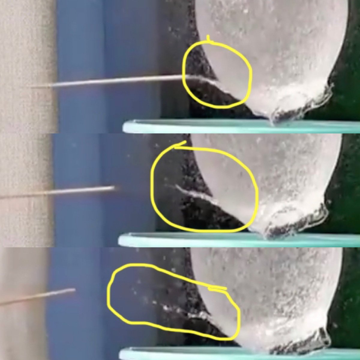 14/ Next cool thing. Notice how the stick exiting the sphere of water pulls a jet of water with it. There would be low pressure behind the stick, so water rushes in the fill the vacuum and gets pulled along behind the stick. But it is a thin jet so it fragments into droplets.