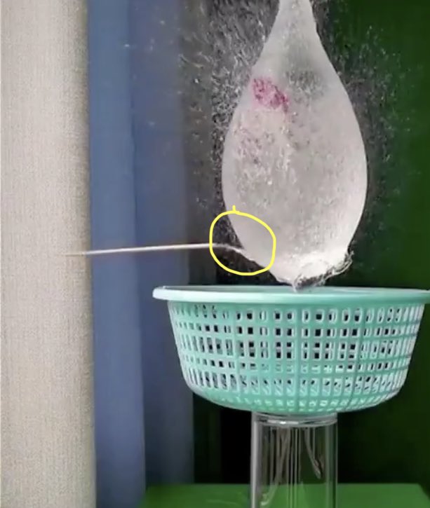 15/ Also not the water jet is pointing a different angle than the stick is pointing. That is because the stick is rotating (pitching down) as it passes through the balloon. The stick’s tail drags the water out at an angle. Same for jumping dolphins.