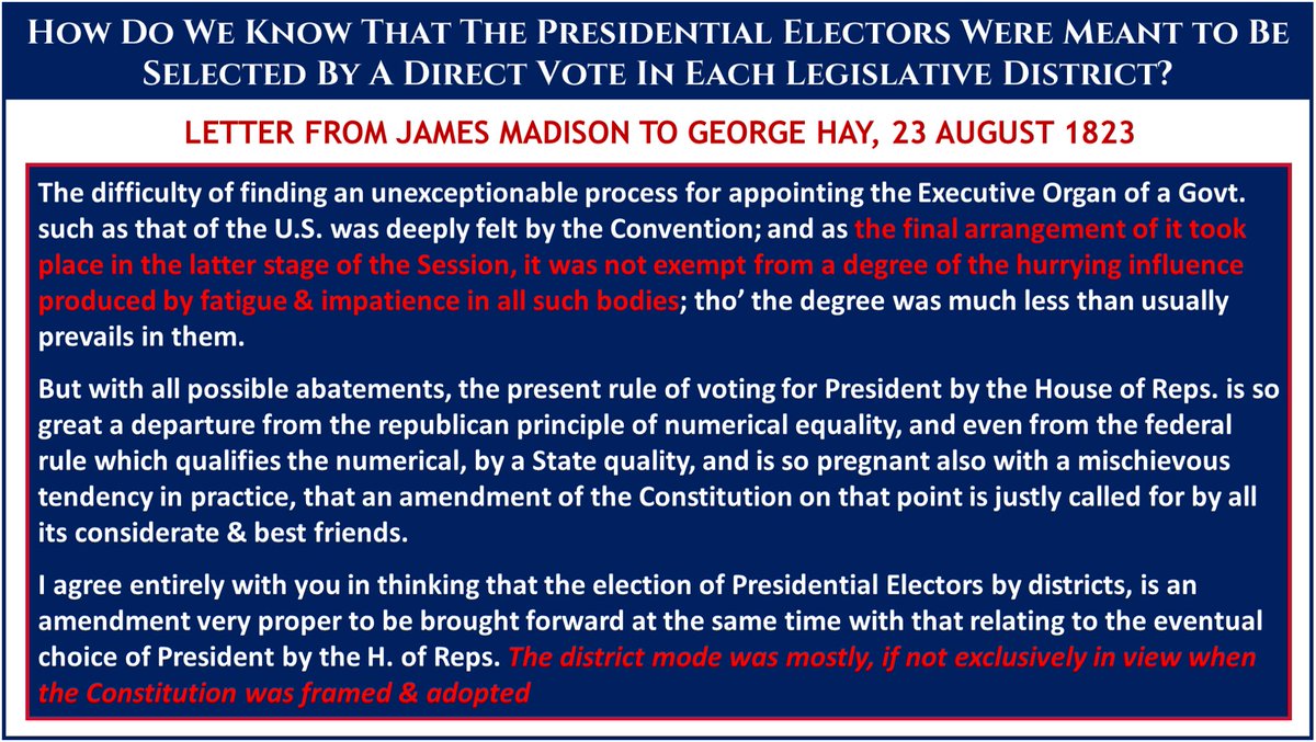 2. The beginning of the Electoral College requires us to only go to 1823, though--not 1787. That's when James Madison explained in a letter to George Hay the original thinking behind the EC. Here are 4 different formats of the letter: 3 pics & a link. https://founders.archives.gov/documents/Madison/04-03-02-0109