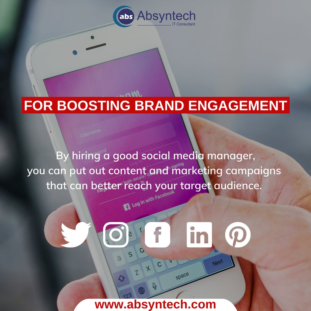 Absyntech's tweet photo. Social media platforms are most likely the place where potential customers will first get to know about your brand- therefore, it is necessary to have a social media manager with a good skill set to decide how the social media account will reflect your company’s brand. https://t.co/UyjuLgr3uC