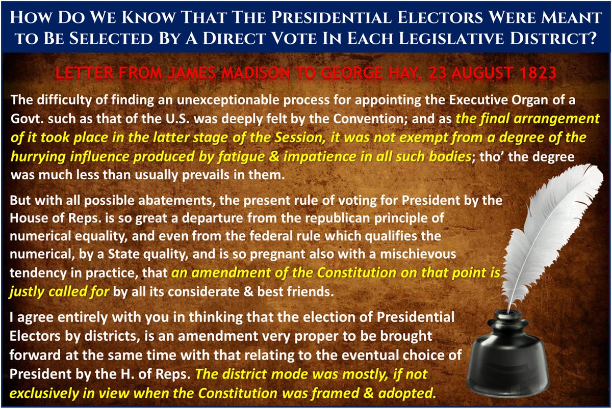 2. The beginning of the Electoral College requires us to only go to 1823, though--not 1787. That's when James Madison explained in a letter to George Hay the original thinking behind the EC. Here are 4 different formats of the letter: 3 pics & a link. https://founders.archives.gov/documents/Madison/04-03-02-0109