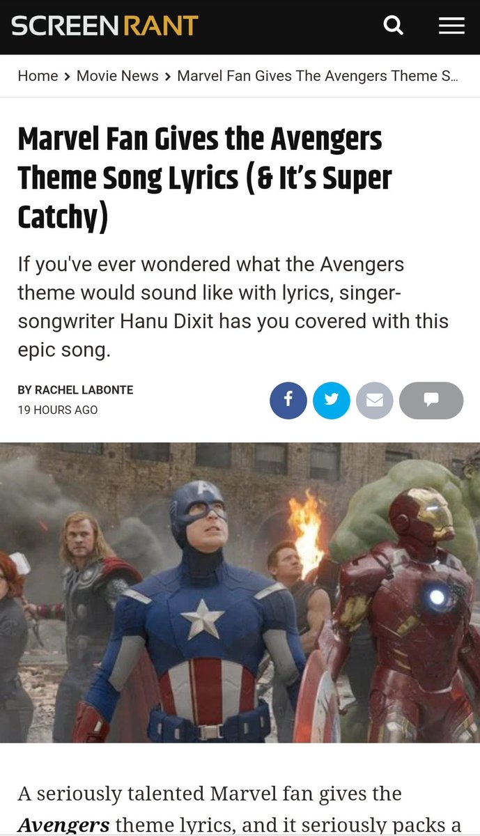 Hanu Dixit My New Song If Avengers Theme Was A Song Got Featured By Screenrant This Feels Unreal Thank You Screenrant Team And Rachel Labonte For Such An Amazing