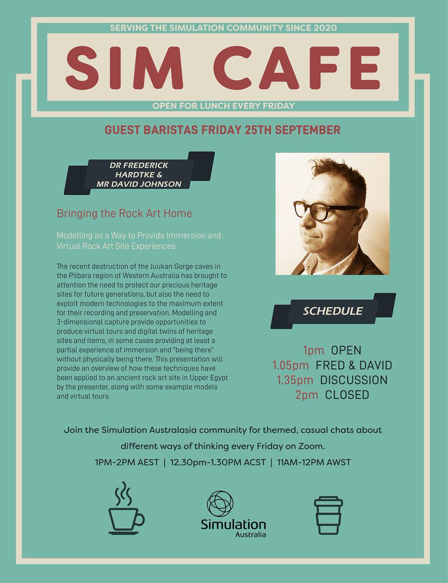 cachemq's tweet photo. Dr Fred Hardtke @fhardtke from the Belgian-Australian archaeological mission to El Hosh, Egypt presents “Modelling as a Way to Provide Immersion and Virtual Rock Art Site Experiences” Fri 25th Sep 1pm at @SimAustralasia’s virtual SimCafe! Register here: https://t.co/TFZJyJMjqu https://t.co/kUywgK5Zpc